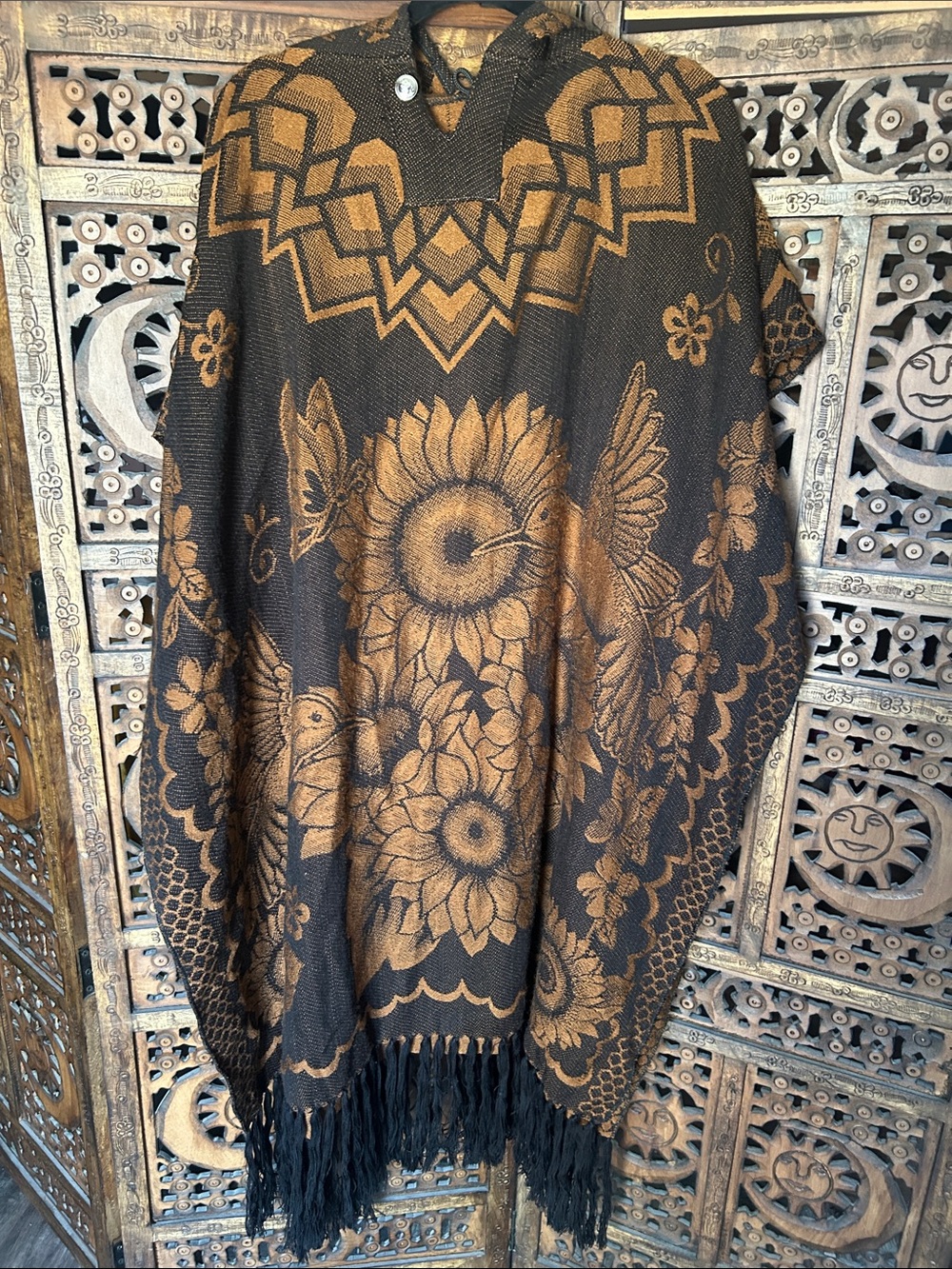 Boho Floral Hummingbird Fringe Poncho Sweater - Black & Brown